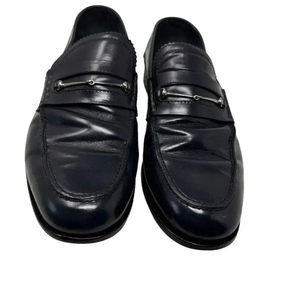 Gucci Mens black smooth leather horsebit loafers shoes size 8.5